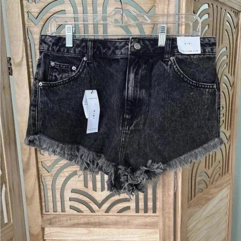 Topshop Kiri High Waisted Denim Shorts, Acid Washed Black, US 10/UK 14